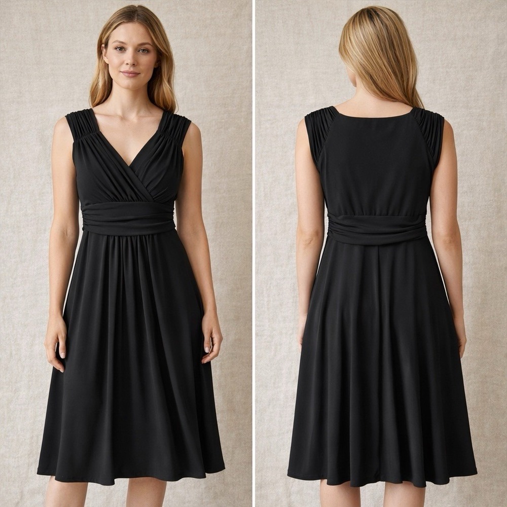 Chaps small sleeveless black v-neckline ruched detailing‎ dress